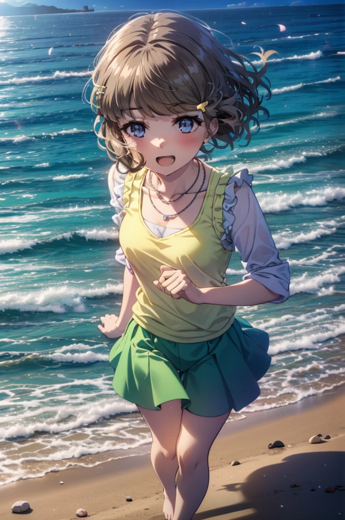 tomoekoga, Chie Koga, Long Hair, Brown Hair, blue eyes, Hair Clip,happy smile, smile, Open your mouth,Yellow tank top shirt,No sleeve,Shell Necklace,Yellow long skirt,barefoot,barefoot,Walking,True Summer,Daytime,Hair is fluttering in the wind,Sandy Beachで散歩している,whole bodyがイラストに入るように,
break outdoors, Sandy Beach,Beach,
break looking at viewer, whole body,
break (masterpiece:1.2), Highest quality, High resolution, unity 8k wallpaper, (figure:0.8), (Beautiful attention to detail:1.6), Highly detailed face, Perfect lighting, Highly detailed CG, (Perfect hands, Perfect Anatomy),