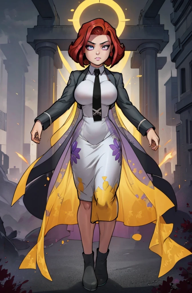 Masterpiece. detailed eyes, rabiestlagomorph, waist-length reddish purple hair, Large breasts, black dress, magic_high_school_uniform, Charcoal jacket, black necktie, yellow skirt embroidery 