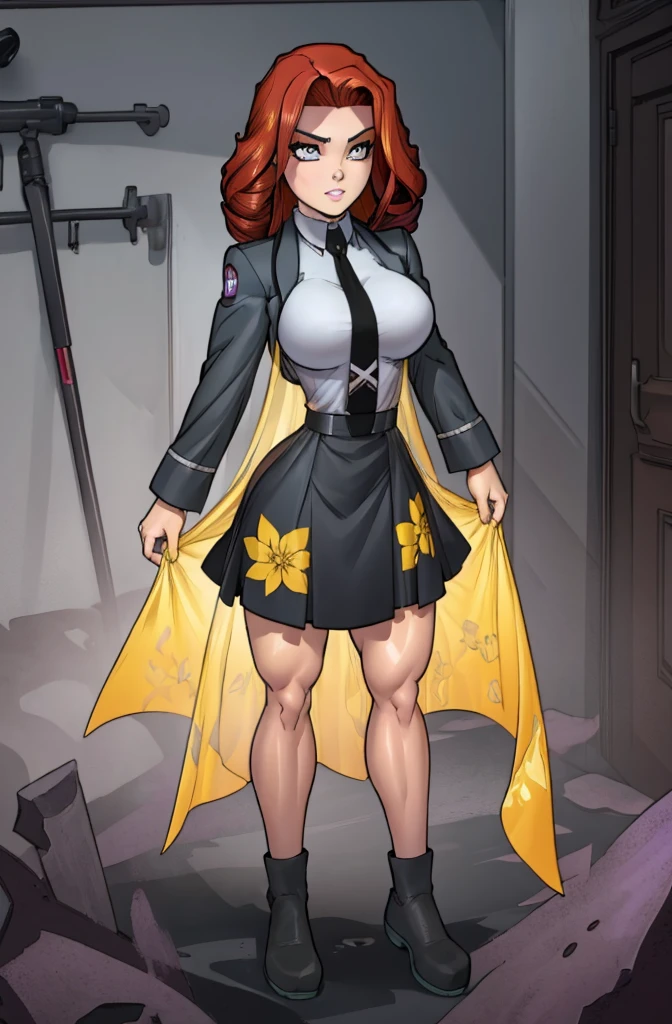 Masterpiece. detailed eyes, rabiestlagomorph, waist-length reddish purple hair, Large breasts, black dress, magic_high_school_uniform, Charcoal jacket, black necktie, yellow skirt embroidery 