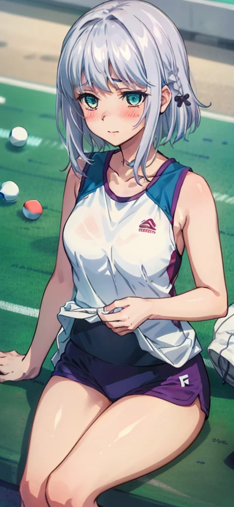 tennis girl's massive nipples out of topless vest out bare and wet pants spreading her legs, gloved hands hidden behind head, blindfold