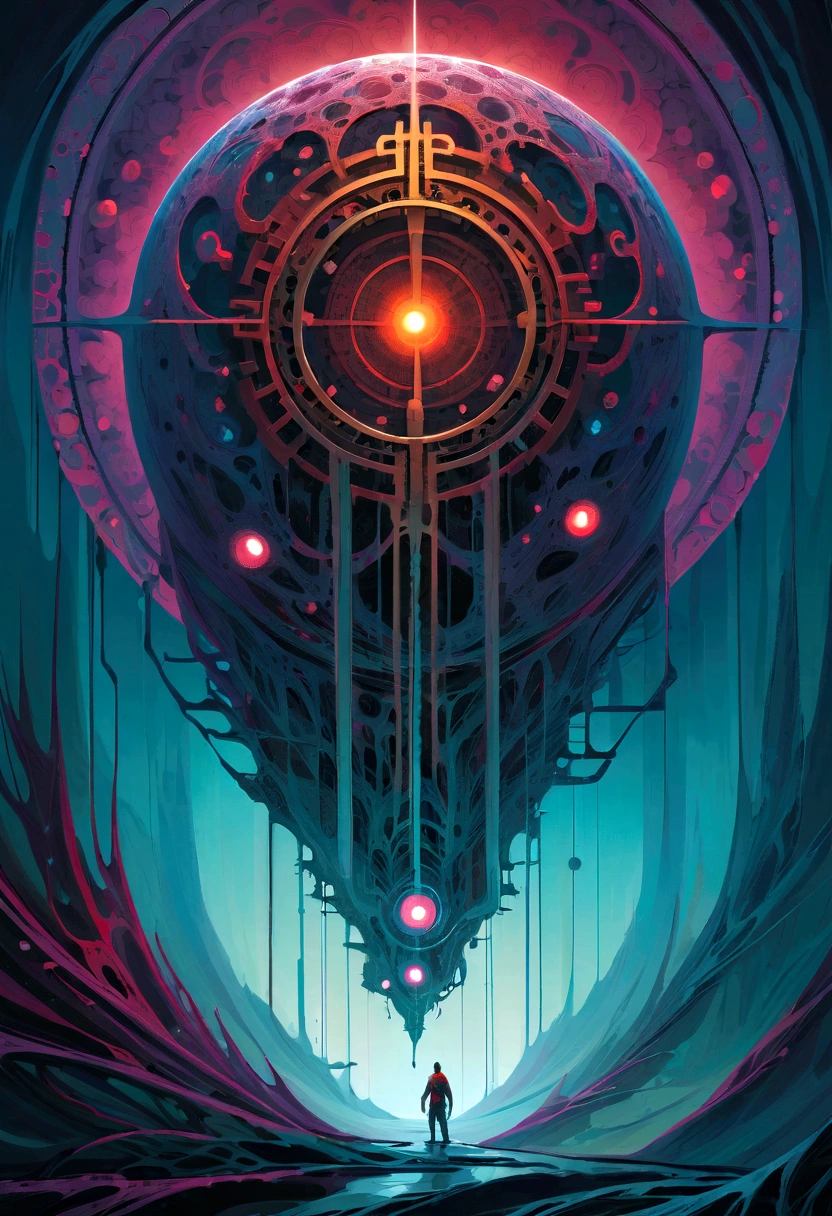 A place of terror in the quantum realm. Mechanical biomorphology, Horror Art. Intricate details, Perfect illustration, The art of math