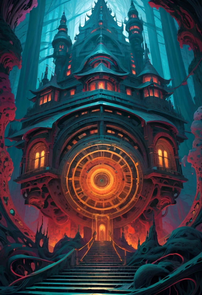 A place of terror in the quantum realm. Mechanical biomorphology, Horror Art. Intricate details, Perfect illustration, The art of math