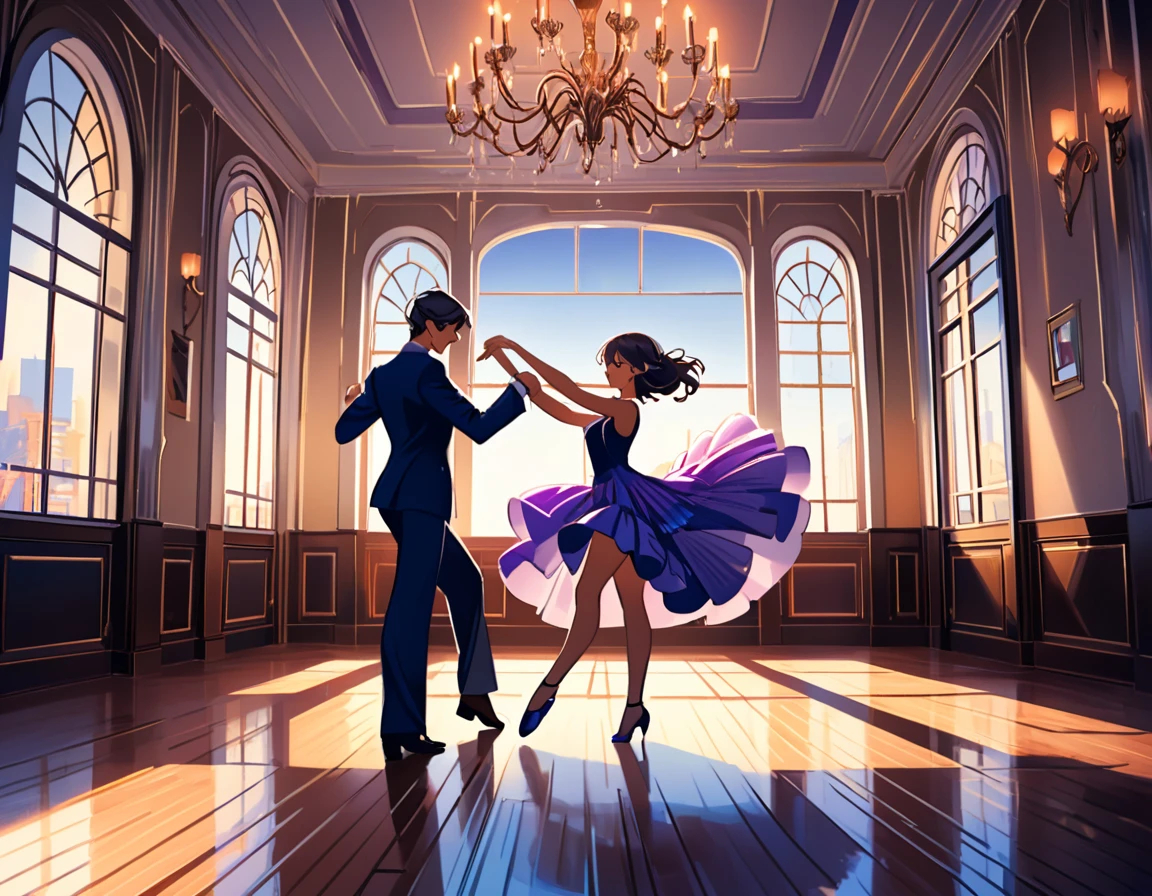 a man and woman dancing tango, art deco ballroom, warm color palette, 1920s, 1 man 1 woman, sexy tango dance pose, ballroom dancers, ornate art deco interior, detailed architectural features, chandelier, (best quality,4k,8k,highres,masterpiece:1.2),ultra-detailed,(realistic,photorealistic,photo-realistic:1.37),cinematic lighting, dramatic shadows, Outside the window is a balcony. a narrow french window with an arched top leads out to the balcony.,man facing forward, woman facing away from viewer, dancing the tango, woman is wearing a purple dress with slit, she has her right leg out to the side, (exposing her thigh:1.5), Outside is dark, small stars are shining in (the dark blue sky:1.3), (dimly lit room:1.2), and shadows are cast on the eye sockets, making it impossible to read their expressions, detailed facial features, beautiful dress, formal attire, natural lighting, warm color palette,