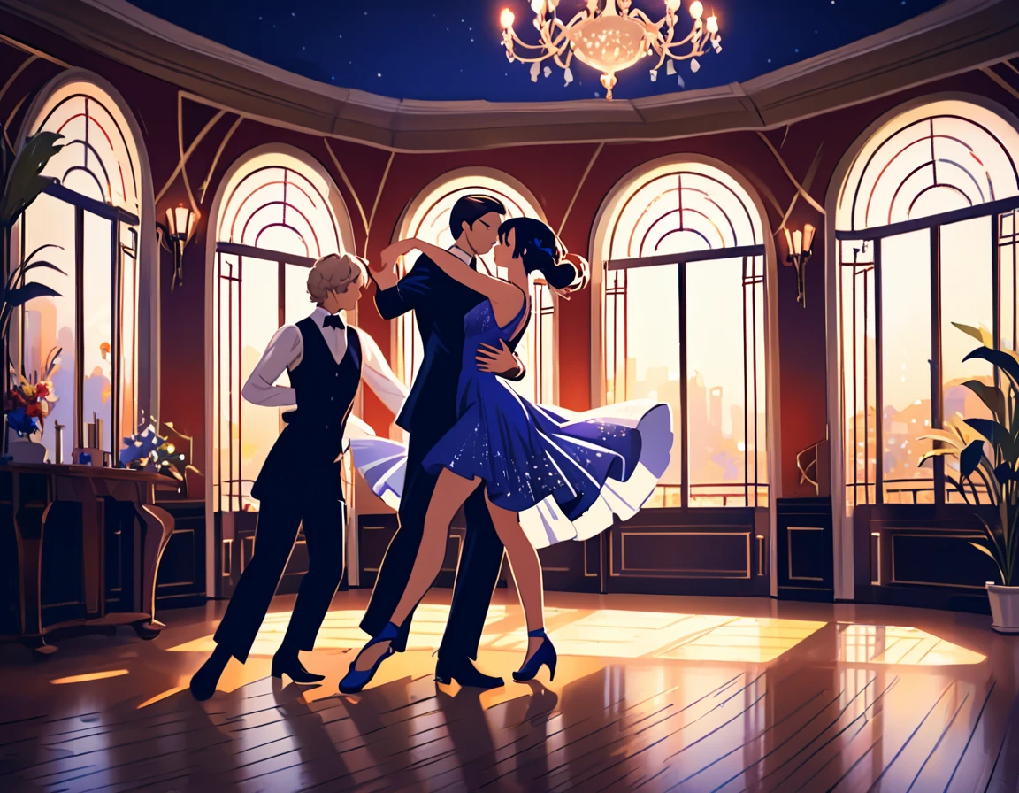a man and woman dancing tango, art deco ballroom, warm color palette, 1920s, 1 man 1 woman, sexy tango dance pose, ballroom dancers, ornate art deco interior, detailed architectural features, chandelier, (best quality,4k,8k,highres,masterpiece:1.2),ultra-detailed,(realistic,photorealistic,photo-realistic:1.37),cinematic lighting, dramatic shadows, Outside the window is a balcony. a narrow french window with an arched top leads out to the balcony.,man facing forward, woman facing away from viewer, dancing the tango, woman is wearing a purple dress with slit, she has her right leg out to the side, (exposing her thigh:1.5), Outside is dark, small stars are shining in (the dark blue sky:1.3), (dimly lit room:1.2), and shadows are cast on the eye sockets, making it impossible to read their expressions, detailed facial features, beautiful dress, formal attire, natural lighting, warm color palette,