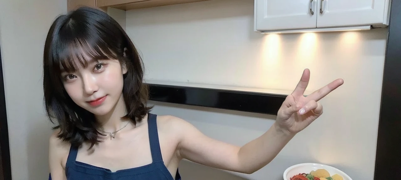a woman is cooking、(kitchin_apron:1.Wear 3)、Good Hand、4K、hight resolution、​masterpiece、top-quality、cape:1.3、((Hasselblad photo))、Fine skin、sharp focus、(lighting like a movie)、Soft lighting、dynamic ungle、[:(Detailed face:1.2):0.2]、Medium chest、sweats streamed skin:1.2、(((In the kitchen))) Cute smile　Viewer's Perspective　Colossal tits　Tying hair　Sleeveless　Put out your upper arm　Shoulders are sticking out　Cleanliness　Large kitchen　Beautiful kitchen　wine glasses　wide々and beautiful kitchen background　Clean kitchen