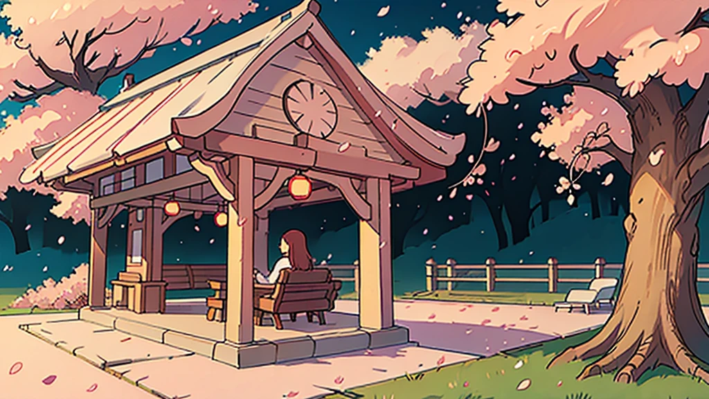 A tranquil cherry blossom park in full bloom.