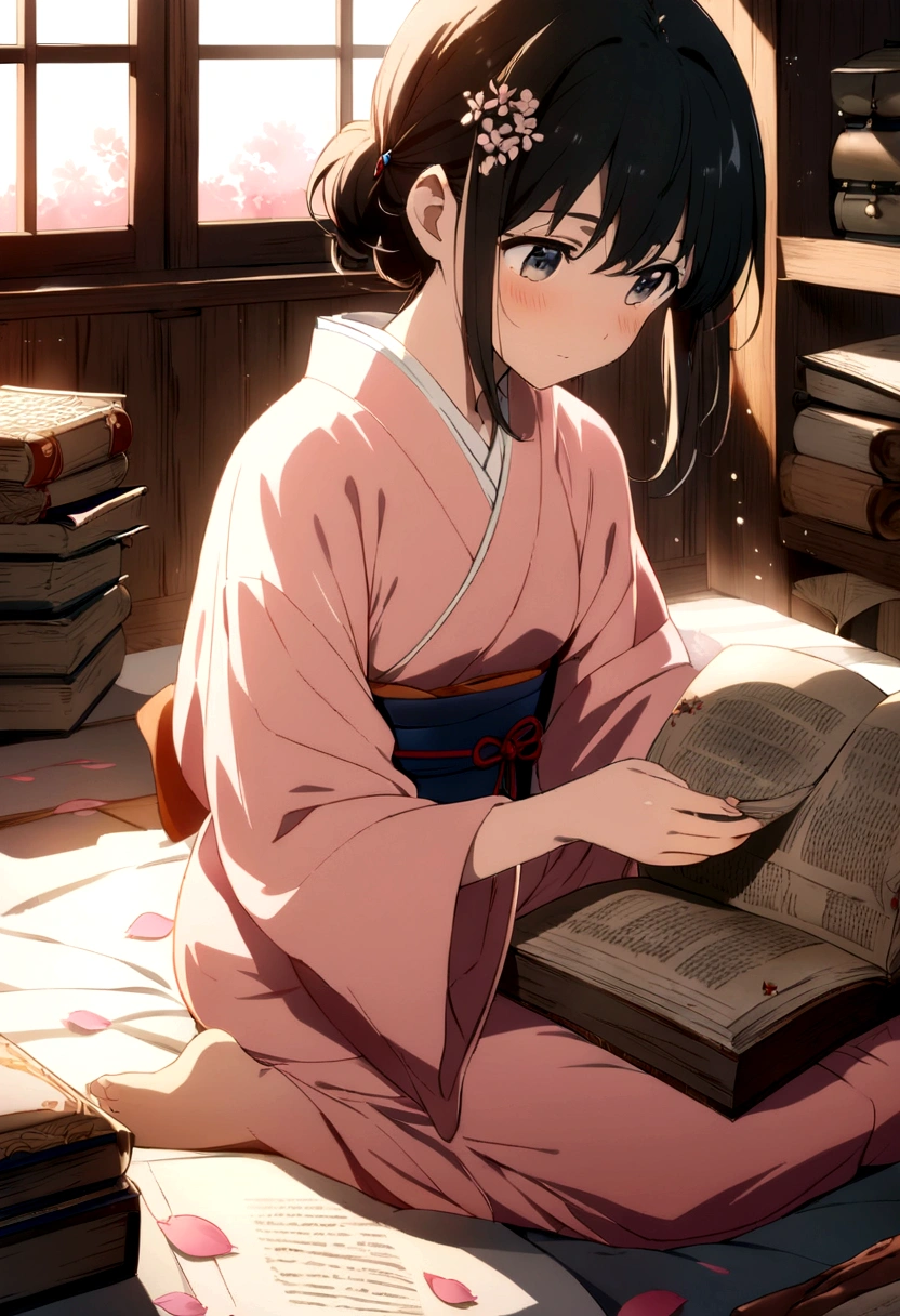 (masterpiece),(Highest quality), 1 Girl,Little, whole body,Blind Box Style, (Pale pink kimono), Sitting in a traditional Chinese study,Decorate with jeweled hairpins, Black Hair. Bookshelves filled with ancient documents and scrolls,Reading a book with a concentrated expression, Her slender fingers turn the pages gracefully and precisely.。.,soft, Warm light pours into the room., Gives the scene a peaceful and nostalgic feel.Makoto Shinkai anime illustration,Backlight,Beautiful cherry blossoms swaying in the wind, Dewdrops bubble on the petals, Amazing anime art style, Bright colors, Soft and fantastic lighting, High resolution and realistic details.Fixed page turning behavior to be consistent