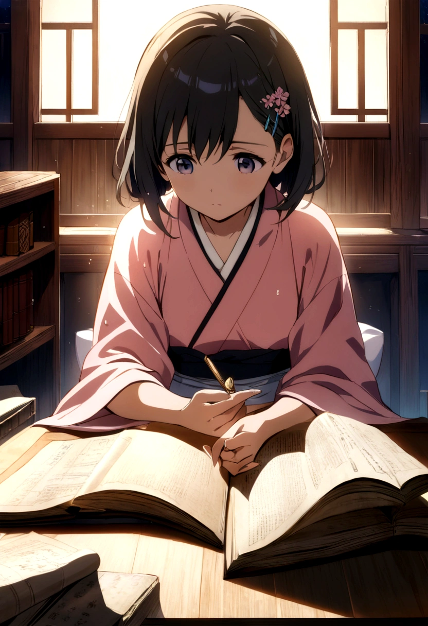 (masterpiece),(Highest quality), 1 Girl,Little, whole body,Blind Box Style, (Pale pink kimono), Sitting in a traditional Chinese study,Decorate with jeweled hairpins, Black Hair. Bookshelves filled with ancient documents and scrolls,Reading a book with a concentrated expression, Her slender fingers turn the pages gracefully and precisely.。.,soft, Warm light pours into the room., Gives the scene a peaceful and nostalgic feel.Makoto Shinkai anime illustration,Backlight,Beautiful cherry blossoms swaying in the wind, Dewdrops bubble on the petals, Amazing anime art style, Bright colors, Soft and fantastic lighting, High resolution and realistic details.Fixed page turning behavior to be consistent