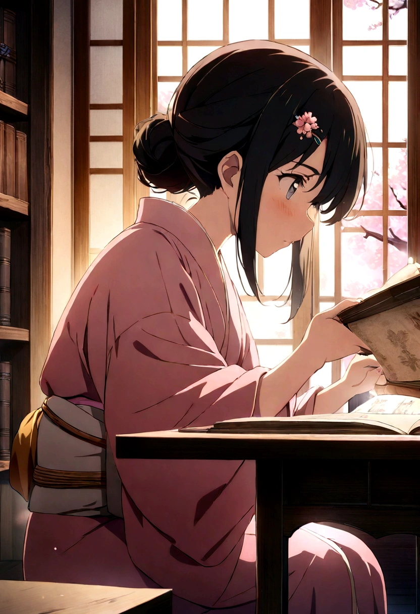(masterpiece),(Highest quality), 1 Girl,Little, whole body,Blind Box Style, (Pale pink kimono), Sitting in a traditional Chinese study,Decorate with jeweled hairpins, Black Hair. Bookshelves filled with ancient documents and scrolls,Reading a book with a concentrated expression, Her slender fingers turn the pages gracefully and precisely.。.,soft, Warm light pours into the room., Gives the scene a peaceful and nostalgic feel.Makoto Shinkai anime illustration,Backlight,Beautiful cherry blossoms swaying in the wind, Dewdrops bubble on the petals, Amazing anime art style, Bright colors, Soft and fantastic lighting, High resolution and realistic details.Fixed page turning behavior to be consistent