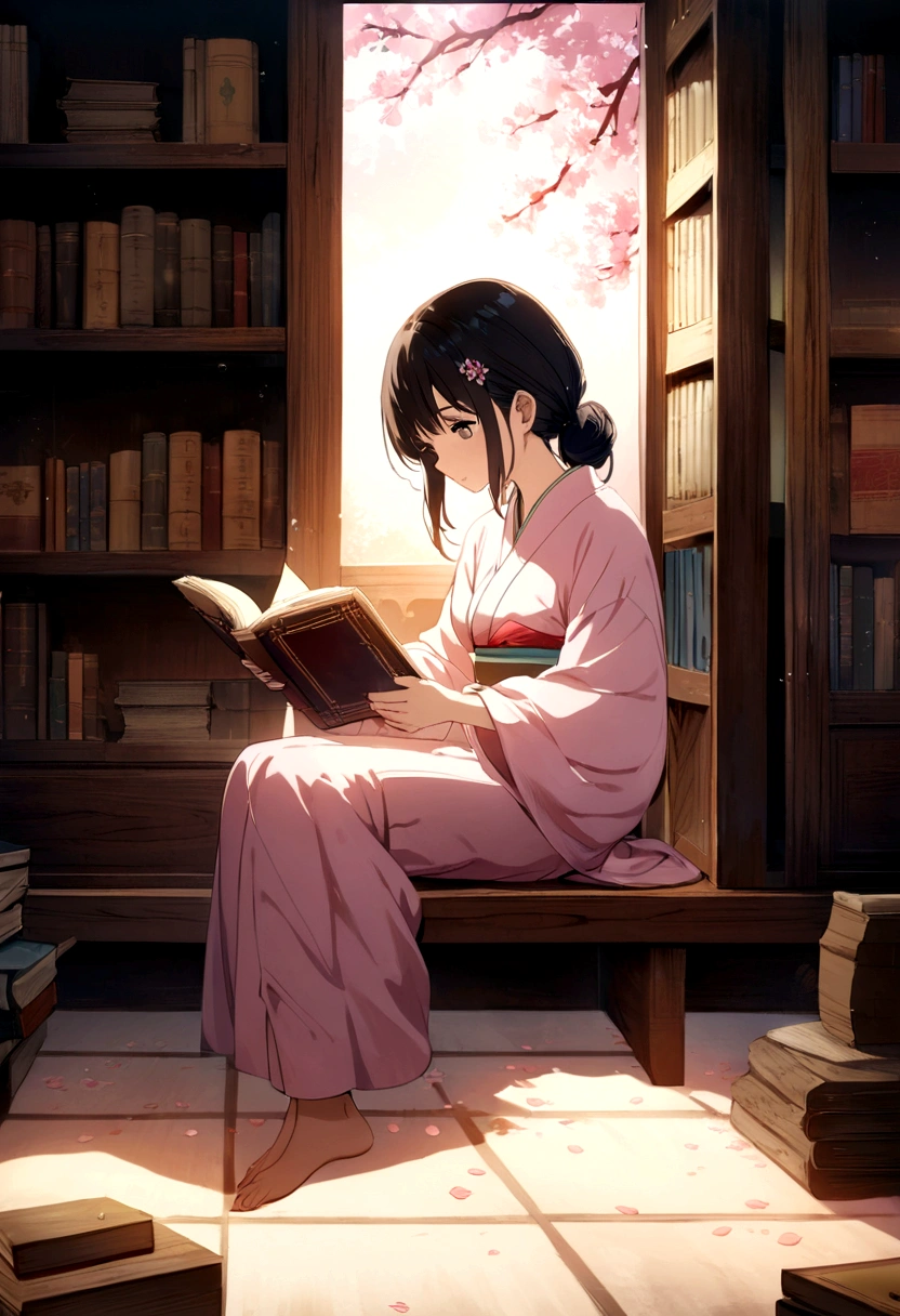 (masterpiece),(Highest quality), 1 Girl,Little, whole body,Blind Box Style, (Pale pink kimono), Sitting in a traditional Chinese study,Decorate with jeweled hairpins, Black Hair. Bookshelves filled with ancient documents and scrolls,Reading a book with a concentrated expression, Her slender fingers turn the pages gracefully and precisely.。.,soft, Warm light pours into the room., Gives the scene a peaceful and nostalgic feel.Makoto Shinkai anime illustration,Backlight,Beautiful cherry blossoms swaying in the wind, Dewdrops bubble on the petals, Amazing anime art style, Bright colors, Soft and fantastic lighting, High resolution and realistic details.Fixed page turning behavior to be consistent