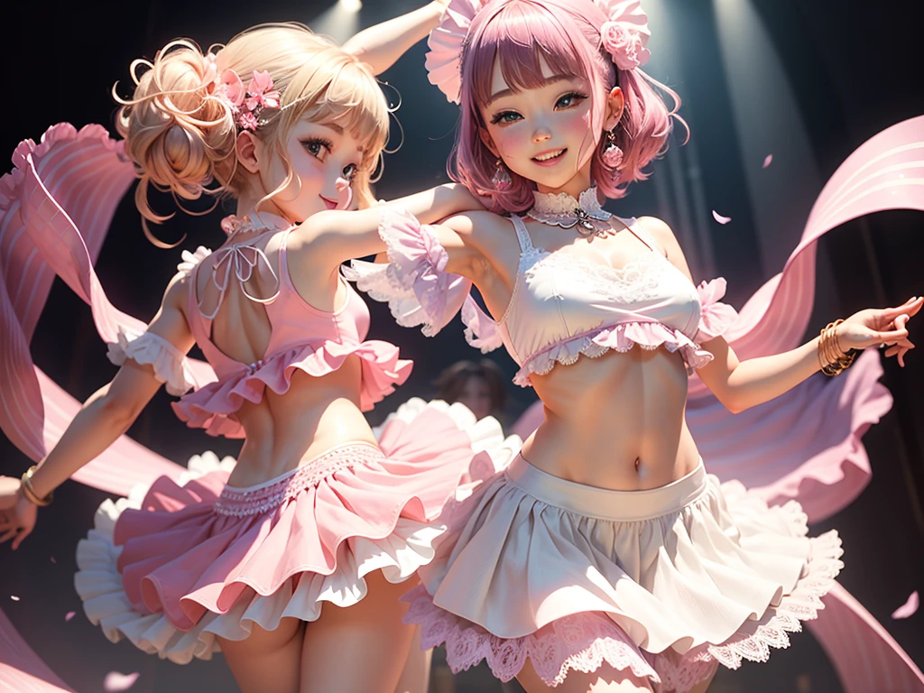 (Dancing girl)、Dancing figure、smile、Pink ruffle sleeveless&Culottes skirt、Jewelry goods、See-through lace white robe、petal