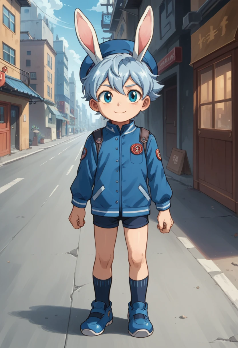 Score_9, score_8_up, score_7_up, rating_safe, Cute young naked boy, luca,blue hair, blue eyes, rabbit ears,rabbit boy,　cute face, very smail, light smile,  grinning evily，Boy student，short detailed hair，Shota，solo person，Wear a red and blue beret，punky style，Black stroke，solo person，Fluttering feathers，The city of the future，nigth，Contre-Jour,  ((full view body)),