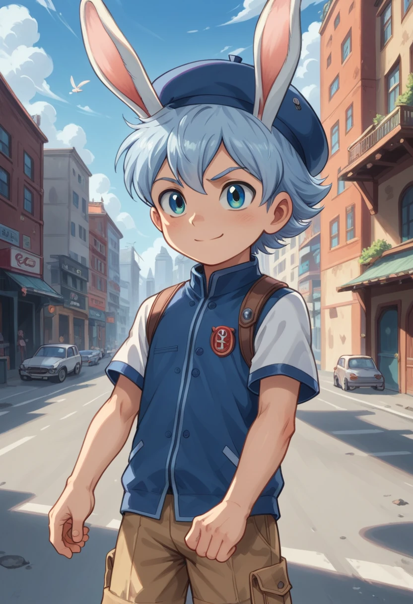 Score_9, score_8_up, score_7_up, rating_safe, Cute young naked boy, luca,blue hair, blue eyes, rabbit ears,rabbit boy,　cute face, very smail, light smile,  grinning evily，Boy student，short detailed hair，Shota，solo person，Wear a red and blue beret，punky style，Black stroke，solo person，Fluttering feathers，The city of the future，nigth，Contre-Jour,  ((full view body)),