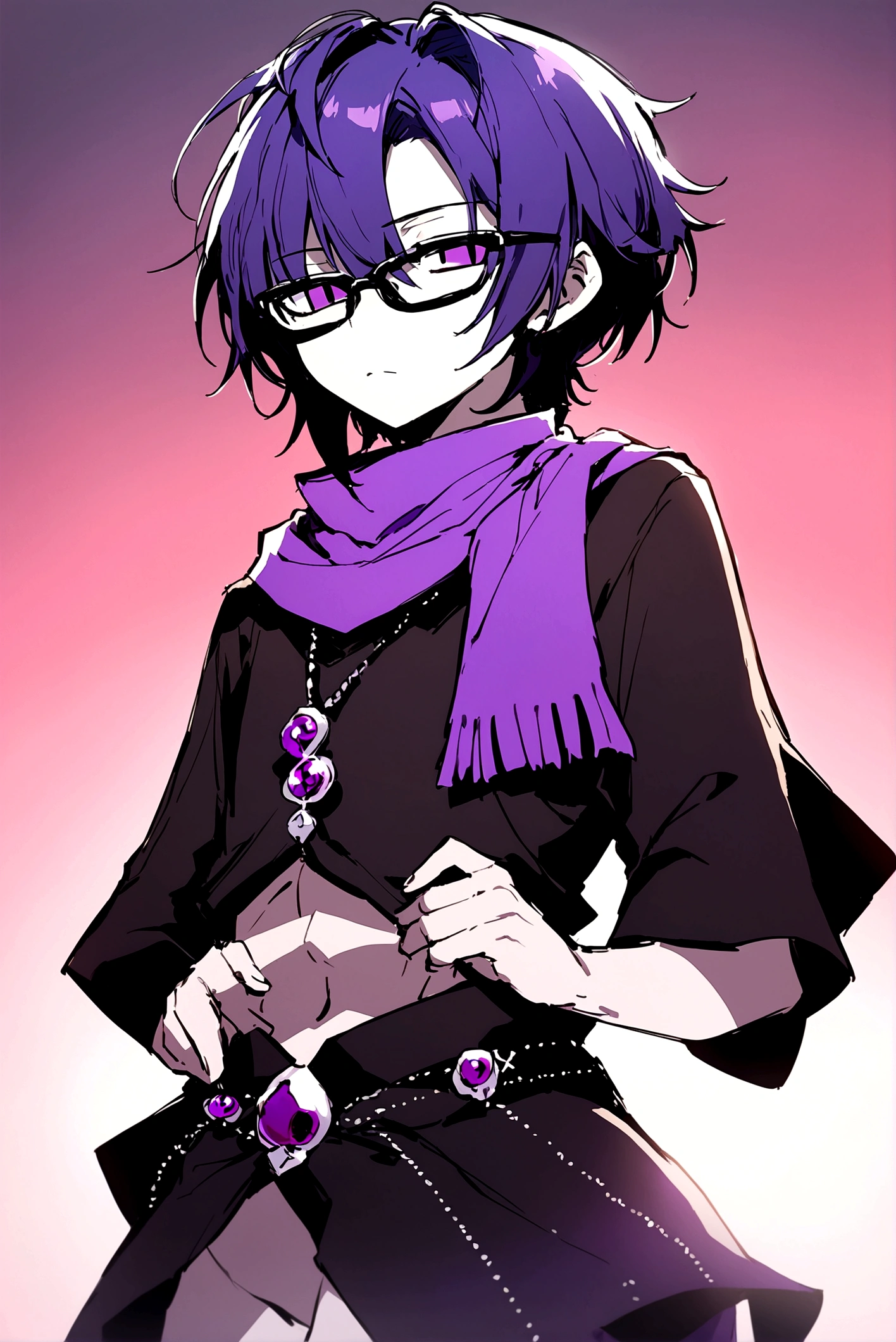 Male gender person, set in a fantasy world, , short purple hair, black glasses, purple scarf, black and red medieval style clothing, shota, naked