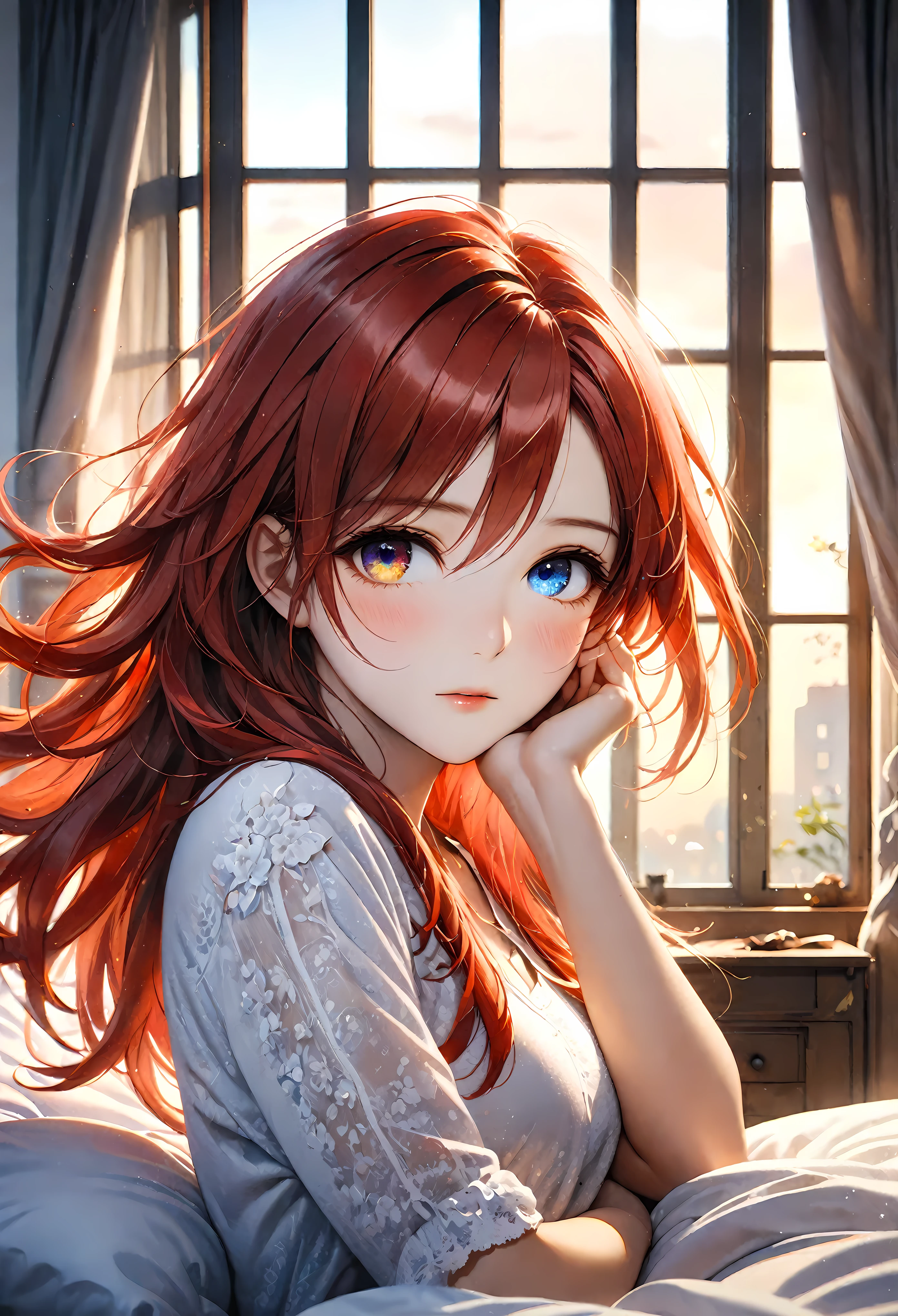 (Masterpiece in maximum 16K resolution:1.6), (intricate detail:1.4), (extremely insane detail:1.4),(highest quality:1.3),(Hyper_realistic:1.3). | ((Dark_color_tones):1.3), ((a wide portrait of a bedroom with a large window facing a Sunrise):1.2), ((focus on the window):1.2), ((Sunrise time):1.2), ((a pretty girl sleeping in a bed):1.3), ((aeshthetic bedroom ornaments):1.1), ((wide angle shot):1.2), Clear light, Edge lighting, Perfect image, 16k UE5,editorial painting, superfine, Depth of field, Ultra-realistic, no contrast, clean sharp focus, professional painting, No blurring. | (watercolor painting, dark color, sharp focus), ((Pretty Supermodel beauty):1.2), ((Red Hair):1.1), ((Heterochromia eyes):1.1), kinetic expression, style painting magic. | ((Morning face):1.3), ((unruly hair):1.3), ((dreamy blush):1.2), ((perfect_pose):1.5), ((perfect_fingers, better_hands, perfect_hands, perfect_legs):0.7), (((More_Detail))). | Rendered in ultra-high definition with UHD and retina quality, this masterpiece ensures anatomical correctness and textured skin with super detail. With a focus on high quality and accuracy, this award-winning portrayal captures every nuance in stunning 16k resolution, immersing viewers in its lifelike depiction. Avoid extreme angles or exaggerated expressions to maintain realism. ((perfect_composition, perfect_design, perfect_layout, perfect_detail, ultra_detailed)), ((enhance_all, fix_everything)), More Detail, Enhance.