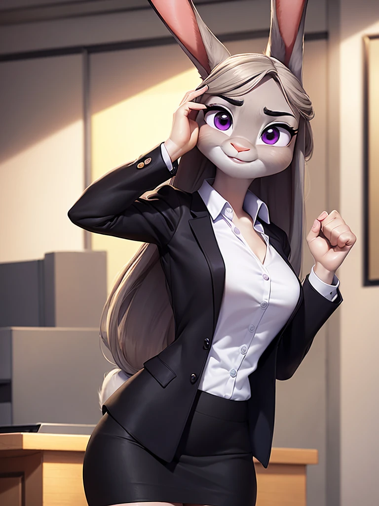 best quality,
masterpiece,
High quality
hyper Realistic,
Portrait,
Looking at the audience,
detailed background,
background is an office,
(Face is JudyHopps:1.15),
NamiFinal,
((long straight hair)),
wispy bangs, bangs,
purple eyes,
(arched eyebrows:1.1),
(uplift eyebrows:1.1),
(rabbit ears:1.1),
office lady is wearing suit,
((White blouse)),
((Black blazer jacket)),
((Black skirt)),
clothes made of cotton,
(skin is felt:1.3),
human hands,
(solo:1.5),
(1 lady:1.5),
one character only
alone,
Perfect Anatomy