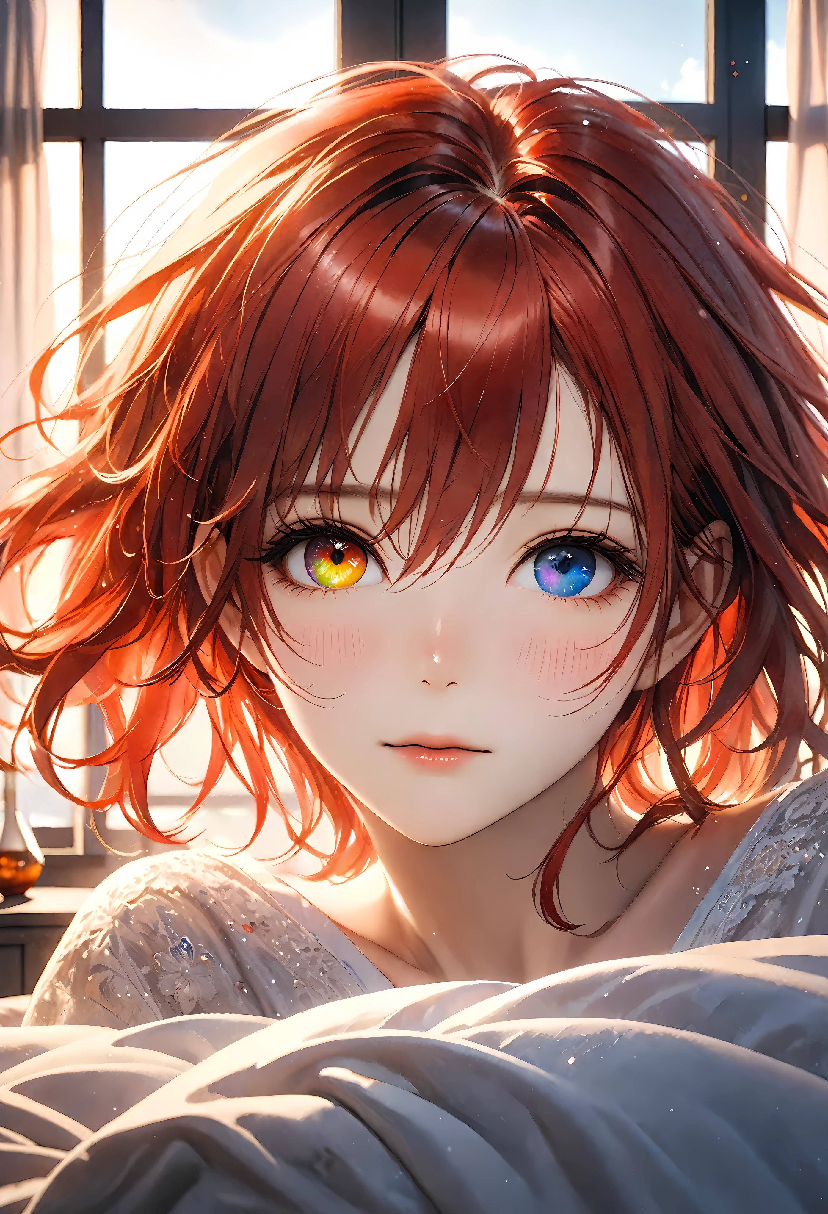 (Masterpiece in maximum 16K resolution:1.6), (intricate detail:1.4), (extremely insane detail:1.4),(highest quality:1.3),(Hyper_realistic:1.3). | ((Dark_color_tones):1.3), ((a wide portrait of a bedroom with a large window facing a Sunrise):1.2), ((focus on the window):1.2), ((Sunrise time):1.2), ((a pretty girl sleeping in a bed):1.3), ((aeshthetic bedroom ornaments):1.1), ((wide angle shot):1.2), Clear light, Edge lighting, Perfect image, 16k UE5,editorial painting, superfine, Depth of field, Ultra-realistic, no contrast, clean sharp focus, professional painting, No blurring. | (watercolor painting, dark color, sharp focus), ((Pretty Supermodel beauty):1.2), ((Red Hair):1.1), ((Heterochromia eyes):1.1), kinetic expression, style painting magic. | ((Morning face):1.3), ((unruly hair):1.3), ((dreamy blush):1.2), ((perfect_pose):1.5), ((perfect_fingers, better_hands, perfect_hands, perfect_legs):0.7), (((More_Detail))). | Rendered in ultra-high definition with UHD and retina quality, this masterpiece ensures anatomical correctness and textured skin with super detail. With a focus on high quality and accuracy, this award-winning portrayal captures every nuance in stunning 16k resolution, immersing viewers in its lifelike depiction. Avoid extreme angles or exaggerated expressions to maintain realism. ((perfect_composition, perfect_design, perfect_layout, perfect_detail, ultra_detailed)), ((enhance_all, fix_everything)), More Detail, Enhance.