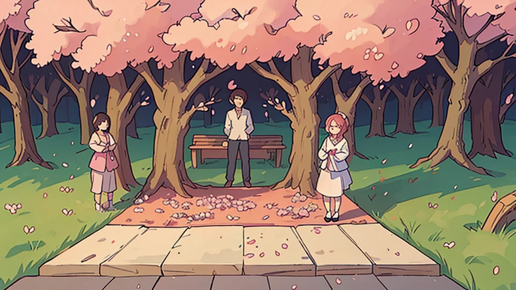 A tranquil cherry blossom park in full bloom