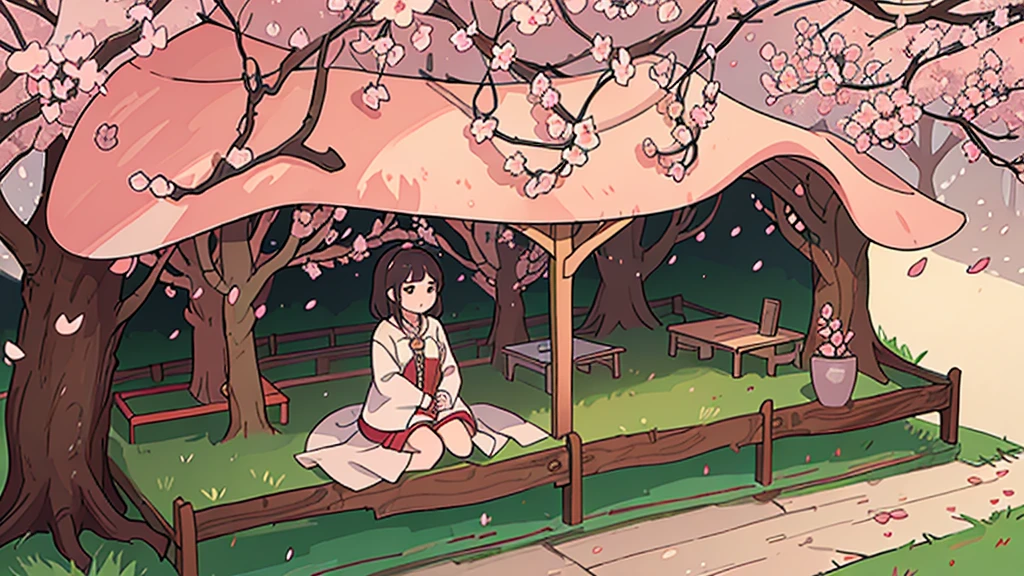 A tranquil cherry blossom park in full bloom
