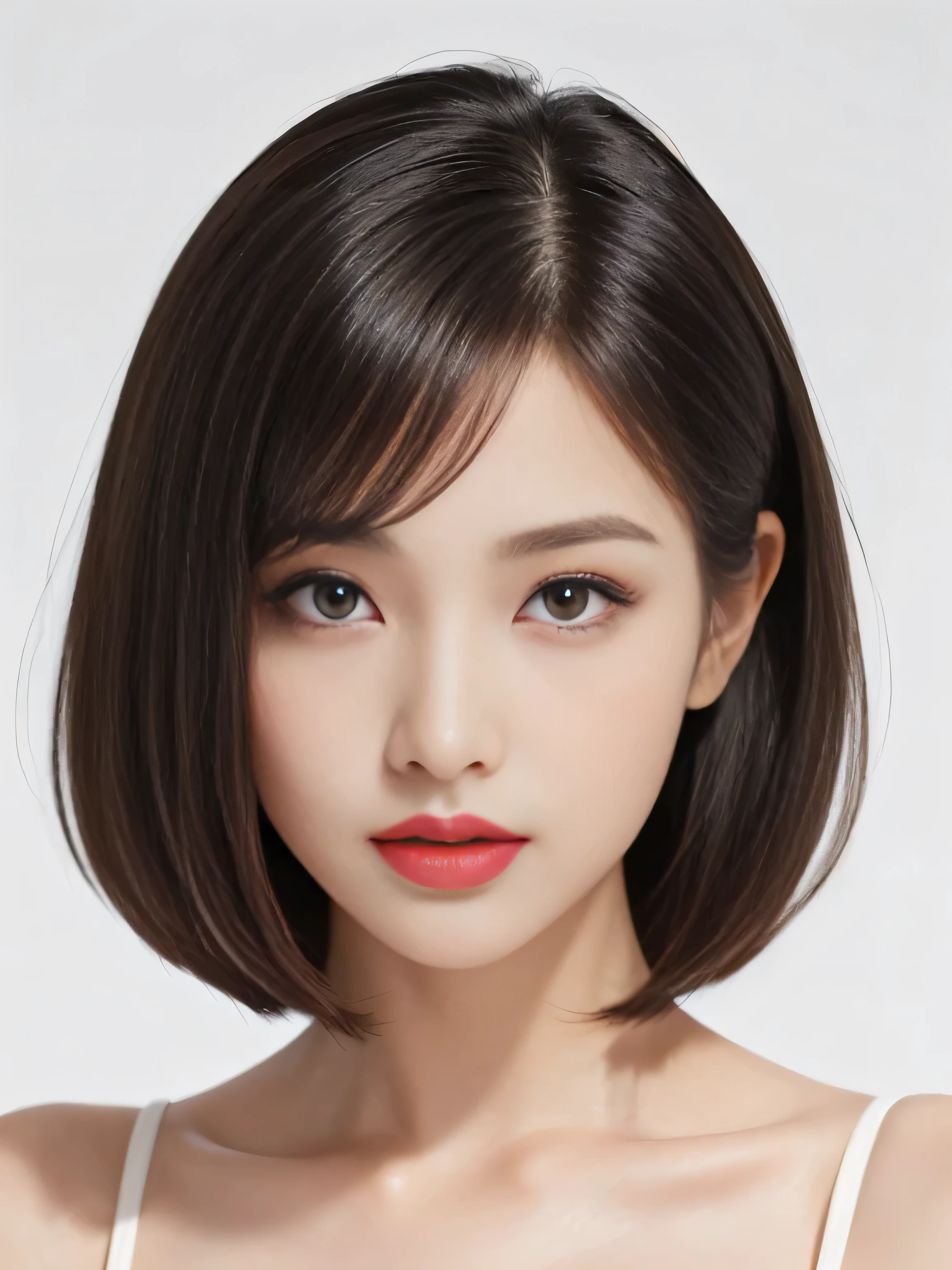 1 female (Close up of her face:1.7!!!) (She turns to the viewer、She has a very sexy look!!!!!) (((Her hair color is the perfect light brown...:1.8!!))) ((Her hair is very straight!!!)) (Her bangs are neatly trimmed そして straight down.:1.4) ((Highest quality)) ((masterpiece)) (family friendly) (Get used to it) (White wall background!!!!!) (The most beautiful そして sensual 24-year-old cosmetics model in Japan) (((Her hair is cut in a very straight bob that reaches just above her shoulders..!!!.))) (Highest quality&Highly detailed black hair her hair is beautiful, There is a volume and、、、Very shiny.、Very beautiful silky hair Beautiful silky hair Shiny Hair Her hair is very straight) (She received a sensual make-up treatment by a professional make-up artist.... Exquisite texture:1.4 Bright red lipstick!!! Beautiful black eyeliner) Perfect Woman'face (Her face is dignified そして sexy) ((Her eyebrows are very thin:1.8)) Perfect Woman'face (Her face shape is thinner than average:1.8) (Her eyes are larger than average:1.8 Her nose is higher than average:1.8) (she has a typical Japanese build そして skin color..., Her skin is very high quality and ultra high definition.、very beautiful そして glowing skin) (Her face is dignified and sexy) ((Rich 1.4)) (Extremely detailed 8K) (Ultra-fine skin texture 1.4) (current, Vibrant:1.4), Sharp focus:1.2、Beautiful woman:1.4 Dynamic Lighting (Genuine RAW photos taken by professional photographers) (Surreal photos by professional photographers :1.2)
