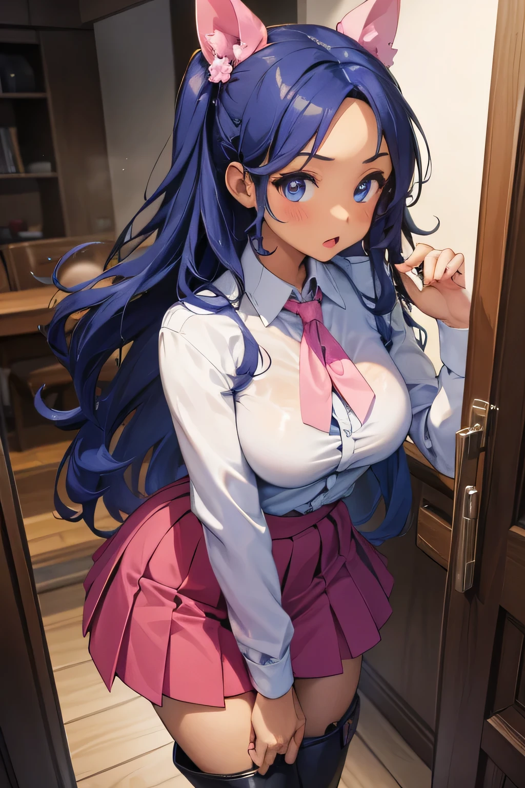 1 girl, single girl, sexy girl, wavy blue hair, dark skin, big breasts and wide hips, pink top with a heart-shaped neckline, a small dark pink skirt, a long pink boot, telephone on one side, in an Penthouse