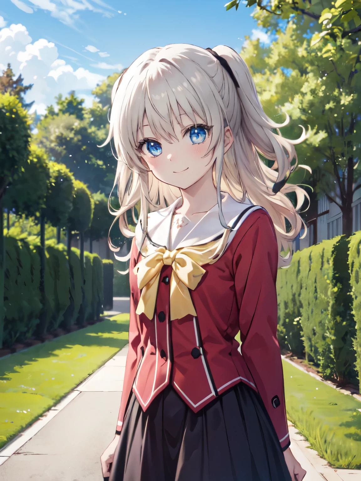 Highest quality, masterpiece,smile、Tomori、Very detailed,Three-dimensional,smile、View from the front,Nao Tomori , Blonde, (blue eyes:1.3), ribbon,Both arms、smile、garden、Realistic,One Girl、beautiful flower々満開のgarden、Closed Mouth、Fluttering skirt、Cowboy Shot、High resolution、超High resolution、Ultra-fine painting、Sharp focus、Physically Based Rendering、Cowboy Shot,(Moe:1.10)、Absolute reference to the center、A girl who is cute no matter who you look at、4K,8K、