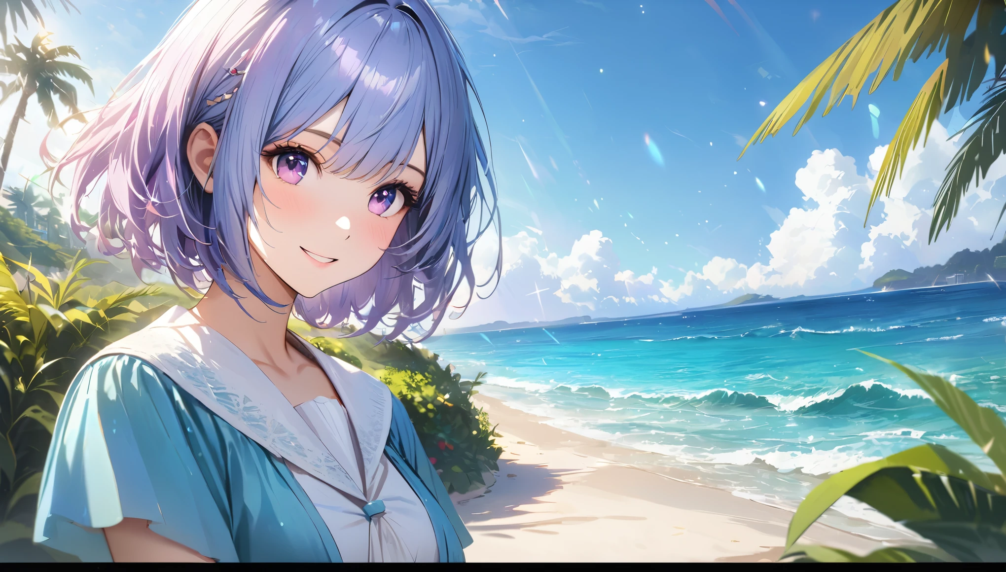Sparkling sea and tropical ocean, Sunny sky with fluffy white clouds, Palm trees along the coast, Blur the background,Pleasant sea breeze,high school girl,short hair,smile,Glitter effect,Highest quality, 4K, 8K, High resolution, masterpiece:1.2, Very detailed, Realistic:1.37, High resolution, 超High resolution, Ultra-fine painting, Sharp focus, Physically Based Rendering, Very detailedな説明, Professional, Vibrant colors