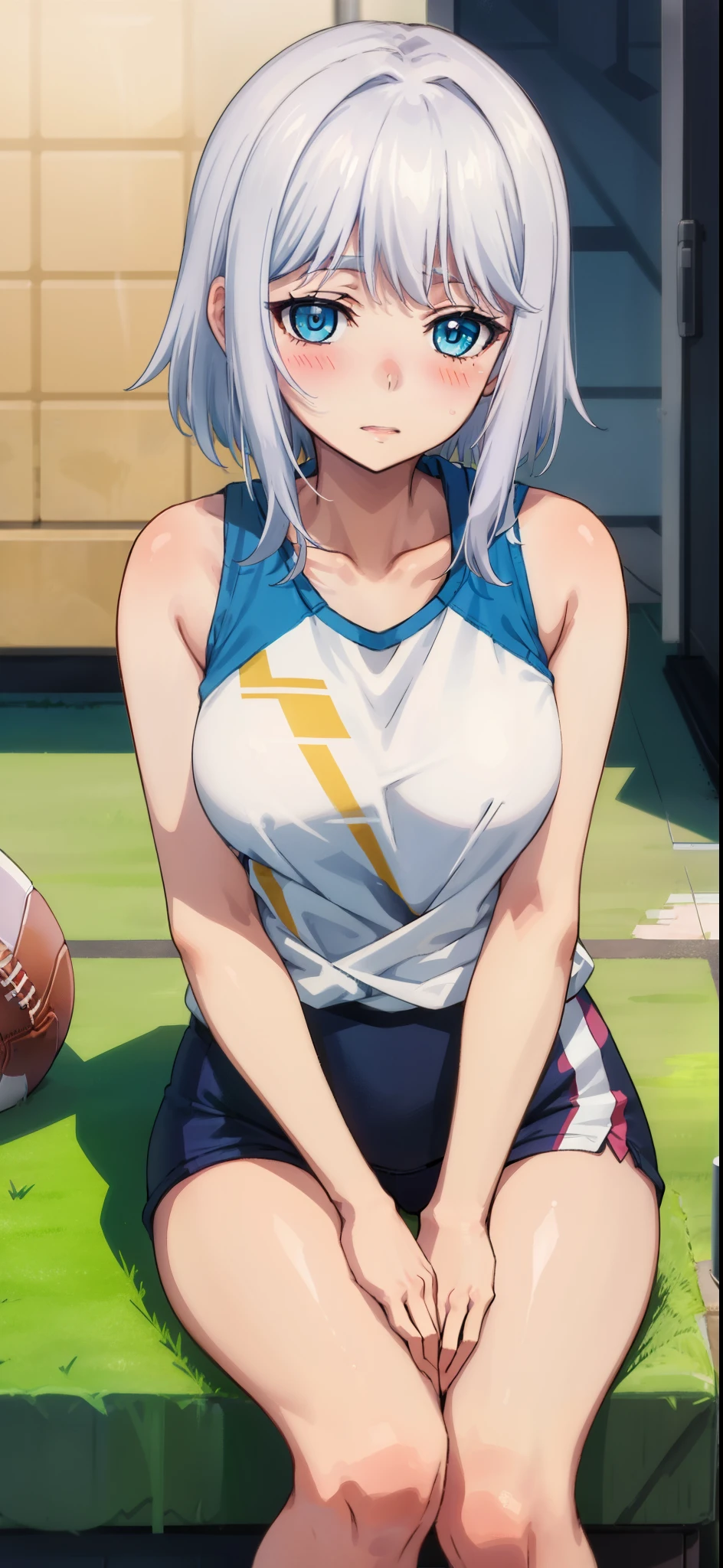 1 girl, kanon kanase, , blush, medium breasts, sleeveless,(((sports clothes))), sitting indoors, 20-year-old, healthy skin.