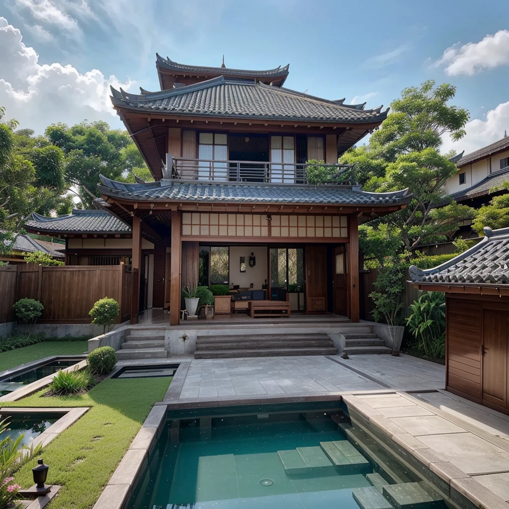 Close-up of a four-level house, Japanese roof. There is a fish garden and walkway, thiết kế bên ngoài, Beautifully detailed rendering, Green plants of Southeast Asia, Award-winning rendering, Wide-angle exterior 2022, Impressive front end, overall architectural design, very symmetrical, kết xuất Lumion, interdimensional villa, drawn with lumion pro, Modern house, blue tile roof, There are many trees and flowers, Exterior photography, amazing detail