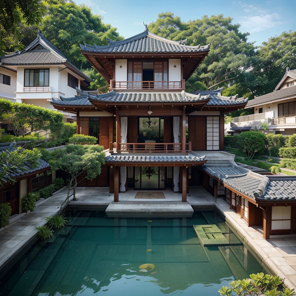 Close-up of a four-level house, Japanese roof. There is a fish garden and walkway, thiết kế bên ngoài, Beautifully detailed rendering, Green plants of Southeast Asia, Award-winning rendering, Wide-angle exterior 2022, Impressive front end, overall architectural design, very symmetrical, kết xuất Lumion, interdimensional villa, drawn with lumion pro, Modern house, blue tile roof, There are many trees and flowers, Exterior photography, amazing detail