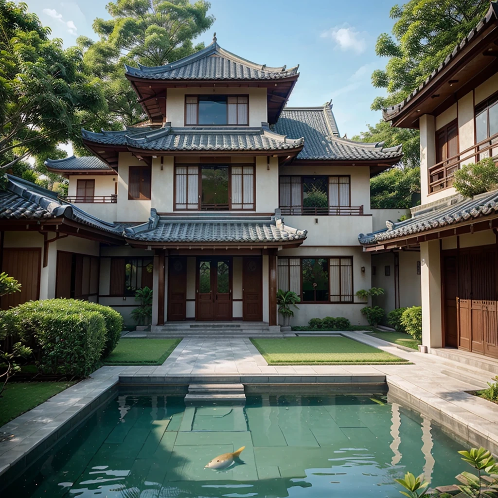 Close-up of a four-level house, Japanese roof. There is a fish garden and walkway, thiết kế bên ngoài, Beautifully detailed rendering, Green plants of Southeast Asia, Award-winning rendering, Wide-angle exterior 2022, Impressive front end, overall architectural design, very symmetrical, kết xuất Lumion, interdimensional villa, drawn with lumion pro, Modern house, blue tile roof, There are many trees and flowers, Exterior photography, amazing detail