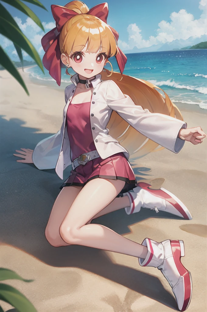 One girl, ppgzmmk, Long Hair, Blonde, Hair Ribbon, Blunt bangs, ponytail, Red eyes, Bright Eyes, (White shirt, Long sleeve, Striped sleeves:1.1), (denim, Short skirt:1.1), Jumping, smile, avert your eyes, Beach 