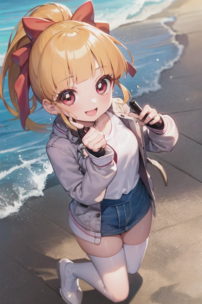 One girl, ppgzmmk, Long Hair, Blonde, Hair Ribbon, Blunt bangs, ponytail, Red eyes, Bright Eyes, (White shirt, Long sleeve, Striped sleeves:1.1), (denim, Short skirt:1.1), Jumping, smile, avert your eyes, Beach 