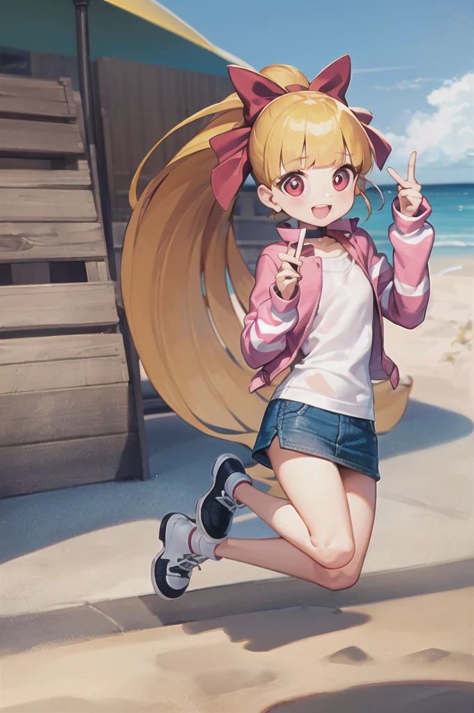 One girl, ppgzmmk, Long Hair, Blonde, Hair Ribbon, Blunt bangs, ponytail, Red eyes, Bright Eyes, (White shirt, Long sleeve, Striped sleeves:1.1), (denim, Short skirt:1.1), Jumping, smile, avert your eyes, Beach 