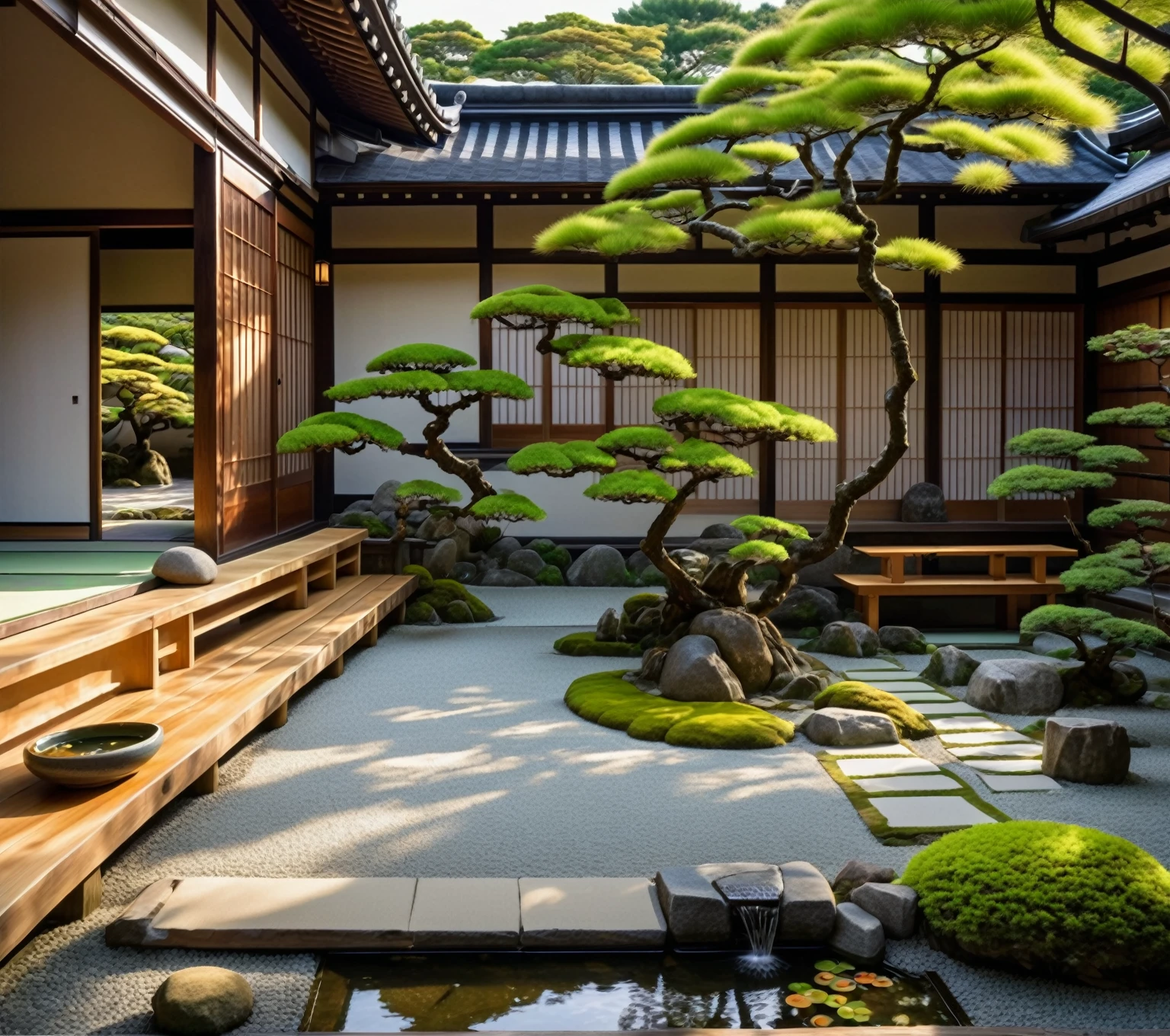 there is a small garden with a wooden bench and a stone path, zen garden, with a fishpond and courtyard, japanese house, soothing and cozy landscape, a wide open courtyard in an epic, beautiful aesthetic design, japanese garden, kyoto inspired, lush plants and bonsai trees, vivid and detailed, lush japanese landscape, with walkways, incredibly high detailed