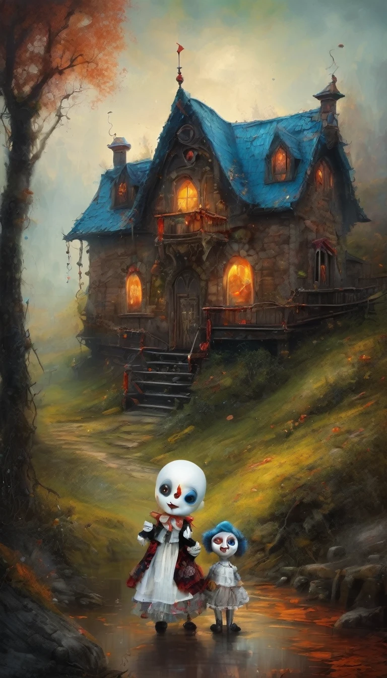 colorful Pierrot,(cursed puppet), artistically expressed, stylish alexander jansson, amazingly beautiful work, Landscape characters and elements fit perfectly within the image frame, Detailed realization, Definition High Quality, expressive face, clear eyes、ghost house,masterpiece,cute cursed doll