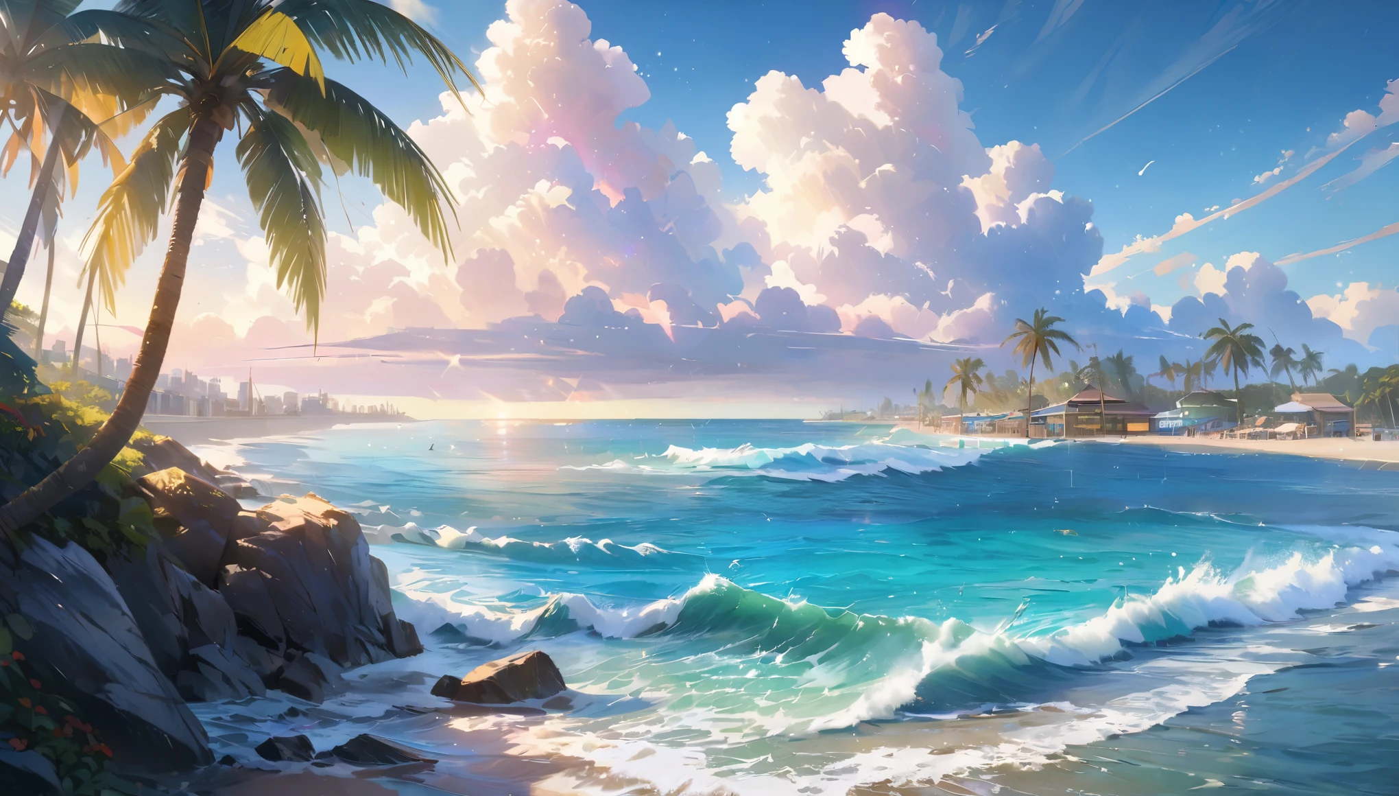 Sparkling sea and tropical ocean, Sunny sky with fluffy white clouds, Palm trees along the coast, Blur the background,Pleasant sea breeze,high school girl,short hair,smile,Glitter effect,Highest quality, 4K, 8K, High resolution, masterpiece:1.2, Very detailed, Realistic:1.37, High resolution, 超High resolution, Ultra-fine painting, Sharp focus, Physically Based Rendering, Very detailedな説明, Professional, Vibrant colors