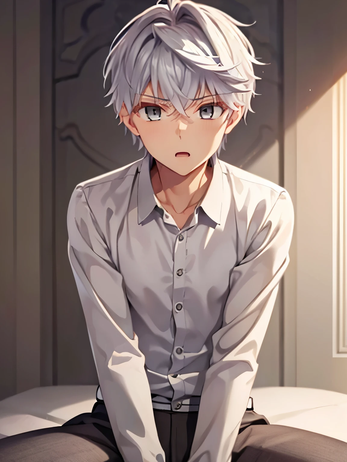 1 men, 18 years old,solo, male focus, grey hair, grey eyes, short hair, hair between eyes, bangs,White shirt, brown trousers, sitting on the bed, expression surprised