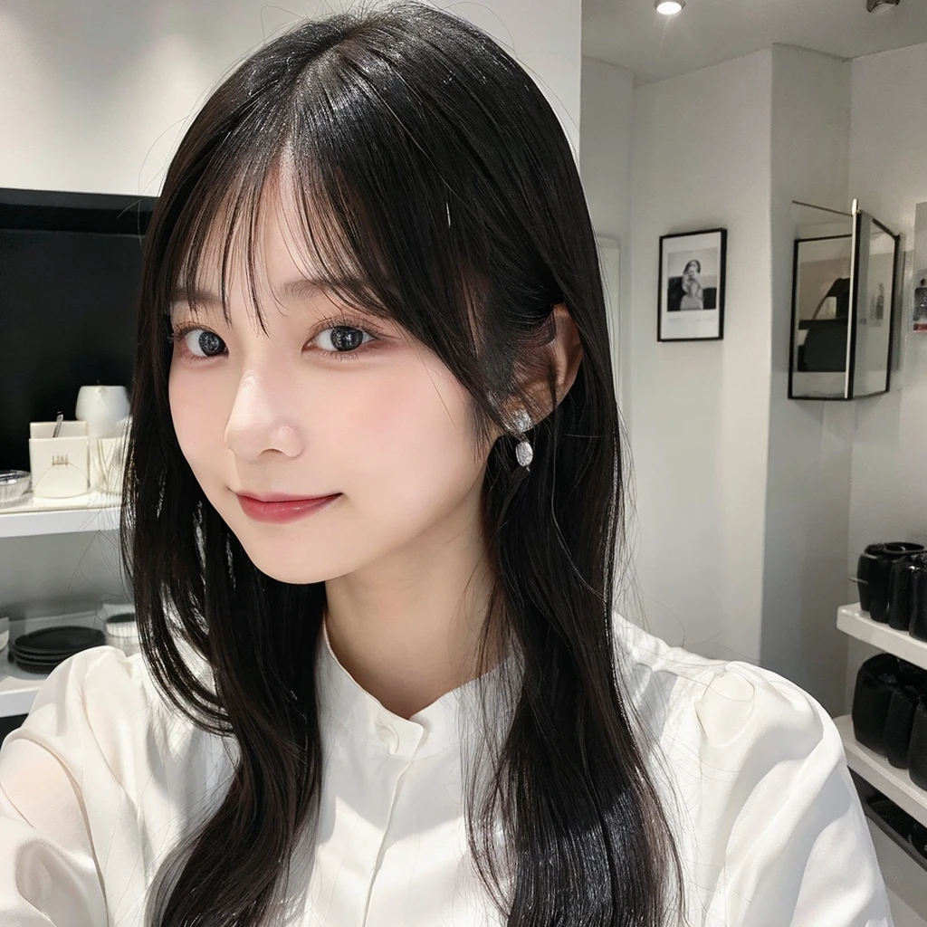 whiteroom, 1 person, Japanese woman, model's expression, look at the camera, 24yo, H~I cup, silver ratio, cute, middle black hair, cafe clerk, Dimples on both cheeks,