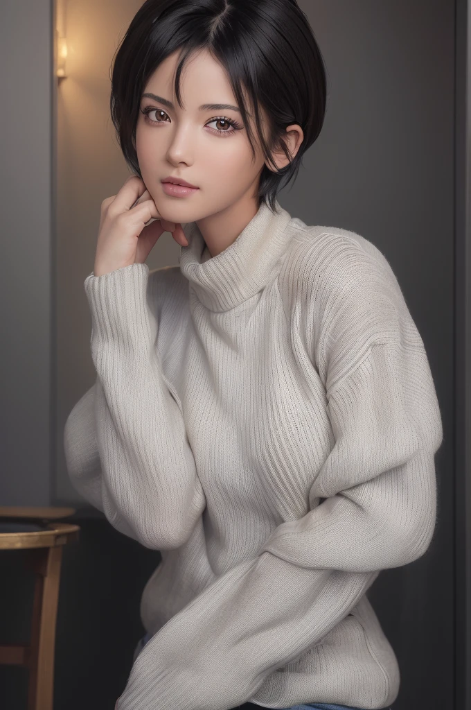 (masterpiece:1.3), (8k, photorealistic, RAW photo, best quality: 1.4), (1girl), beautiful face, (realistic face), (black hair, short hair:1.3), beautiful hairstyle, realistic eyes, beautiful detailed eyes, (realistic skin), beautiful skin, (sweater), absurdres, attractive, ultra high res, ultra realistic, highly detailed, golden ratio