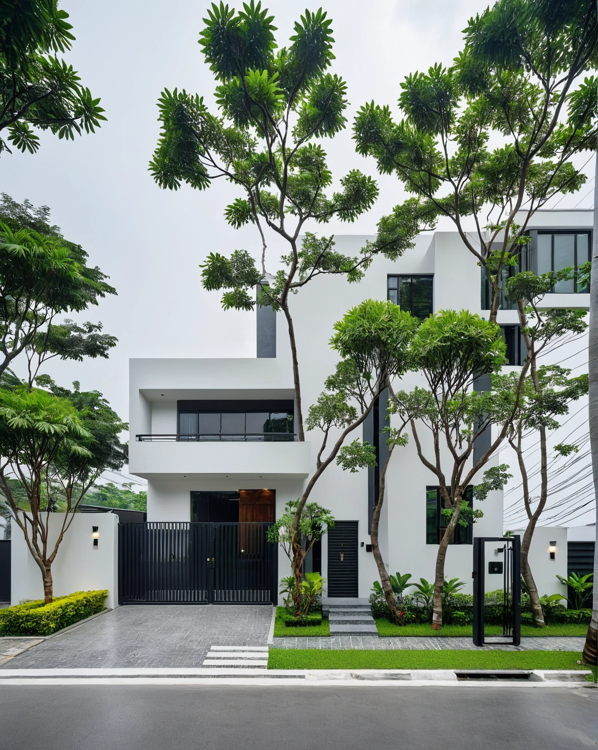 RAW photo, a photo of a modern villa, sidewalk, sidewalk trees, steel gate, road, viet nam modern residence, a car parked in front of it, rough white wall, new residential area, wide angle exterior 2022, contemporary house, exterior photography, masterpiece, contemporary architecture, overcast, indirect lighting