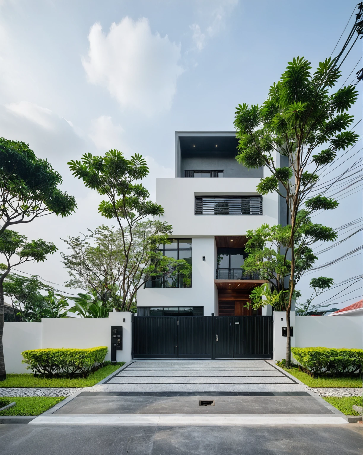 RAW photo, a photo of a modern villa, sidewalk, sidewalk trees, steel gate, road, viet nam modern residence, a car parked in front of it, rough white wall, new residential area, wide angle exterior 2022, contemporary house, exterior photography, masterpiece, contemporary architecture, overcast, indirect lighting