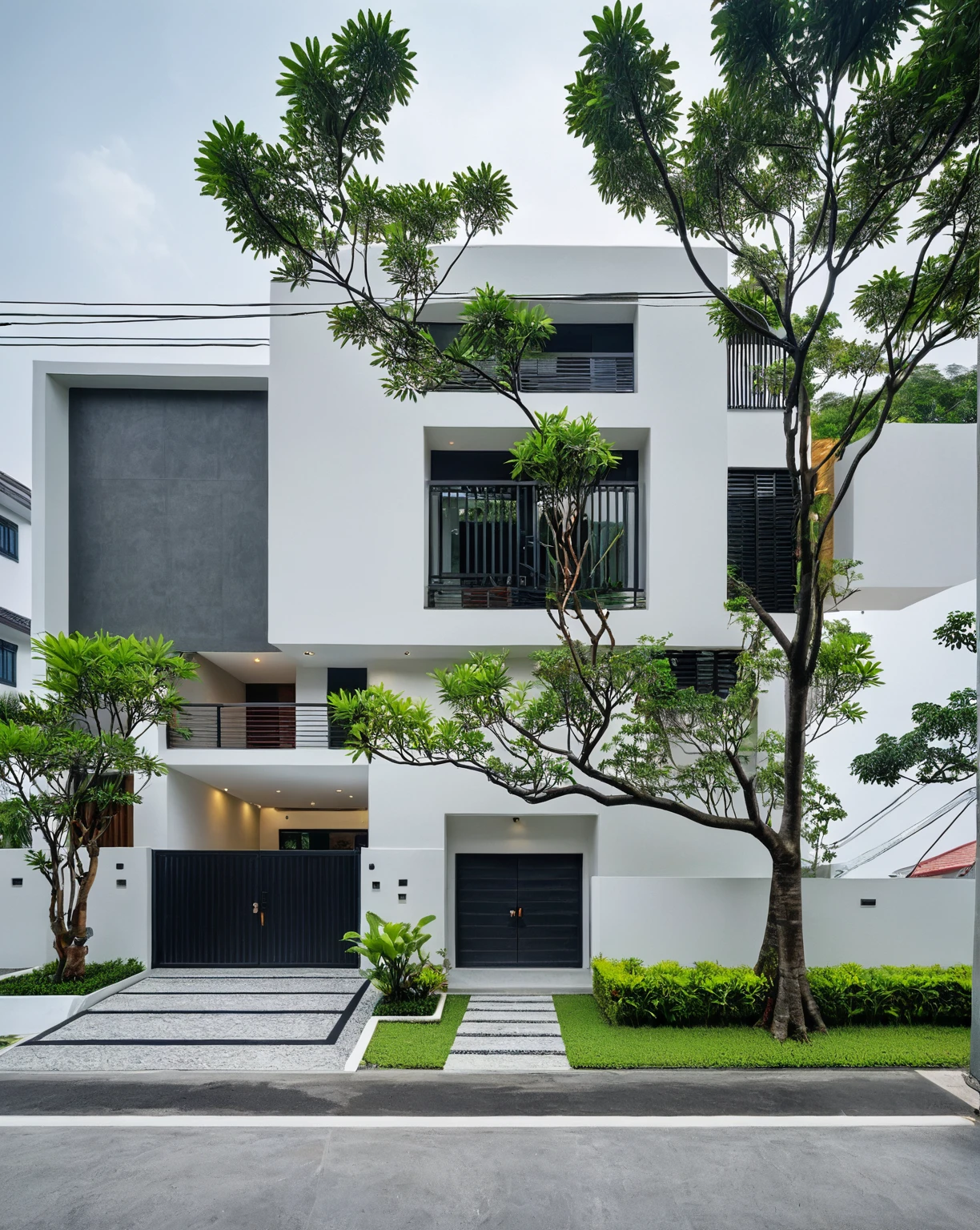 RAW photo, a photo of a modern villa, sidewalk, sidewalk trees, steel gate, road, viet nam modern residence, a car parked in front of it, rough white wall, new residential area, wide angle exterior 2022, contemporary house, exterior photography, masterpiece, contemporary architecture, overcast, indirect lighting