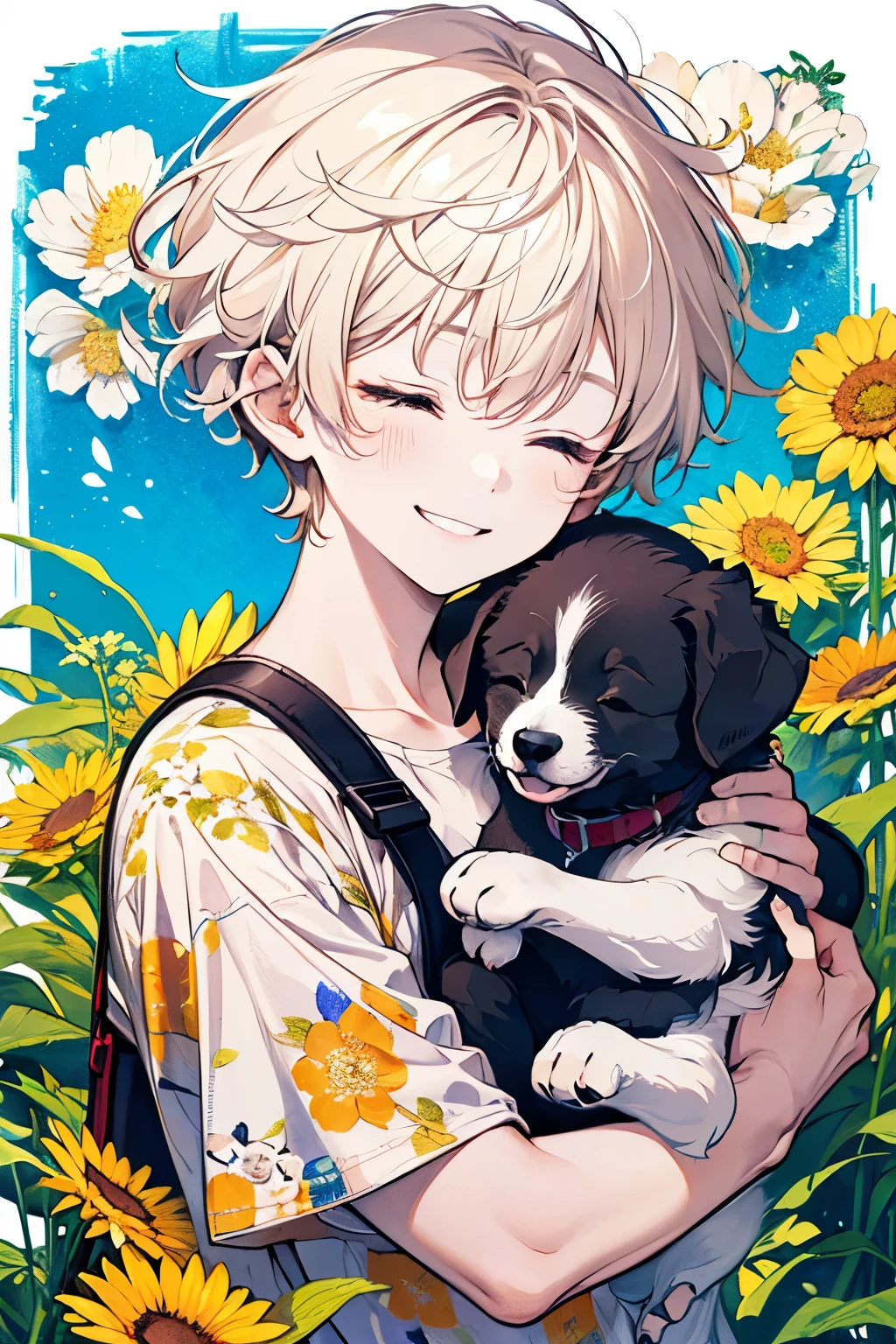 ((young boy:1.1)),((A boy about 5 years old:1.2)),((Shota:1.2)),(Oversized floral T-shirt:1.35),Prompt: An incredibly charming  carrying a backpack, accompanied by her adorable puppy, enjoying a lovely spring outing surrounded by beautiful yellow flowers and natural scenery. The illustration is in high definition at 4k resolution, with highly-detailed facial features and cartoon-style visuals,((Eyes closed and a big smile:1.25)).