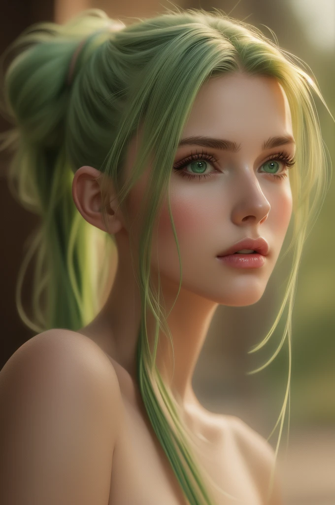 Portrait, photorealistic, realistic, Girl, green eyes, clear skin, soft makeup, long streaked green/pink hair, {loose hair, updo hair, ponytail, braids}, realistic soft skin