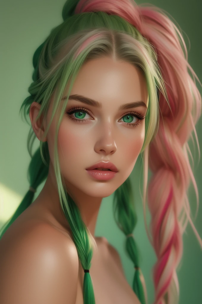 Portrait, photorealistic, realistic, Girl, green eyes, clear skin, soft makeup, long streaked green/pink hair, {loose hair, updo hair, ponytail, braids}, realistic soft skin