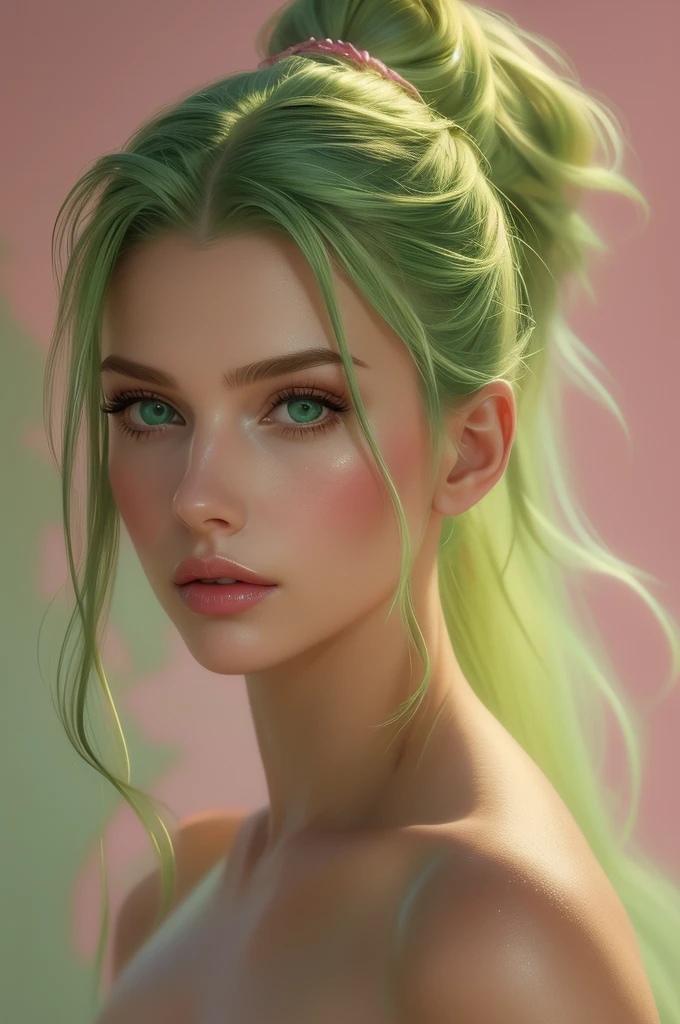 Portrait, photorealistic, realistic, Girl, green eyes, clear skin, soft makeup, long streaked green/pink hair, {loose hair, updo hair, ponytail, braids}, realistic soft skin