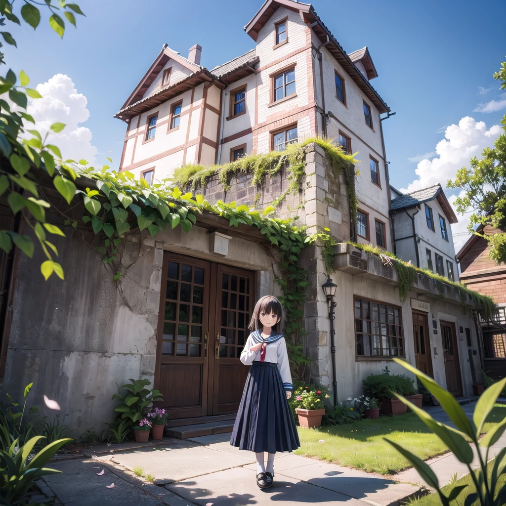 (masterpiece), town, blue sky, One Girl, smile, alone, Sailor suit、Long skirt, Overgrown, petal, plant、Skirt lining、Translucent slip、Nostalgic
