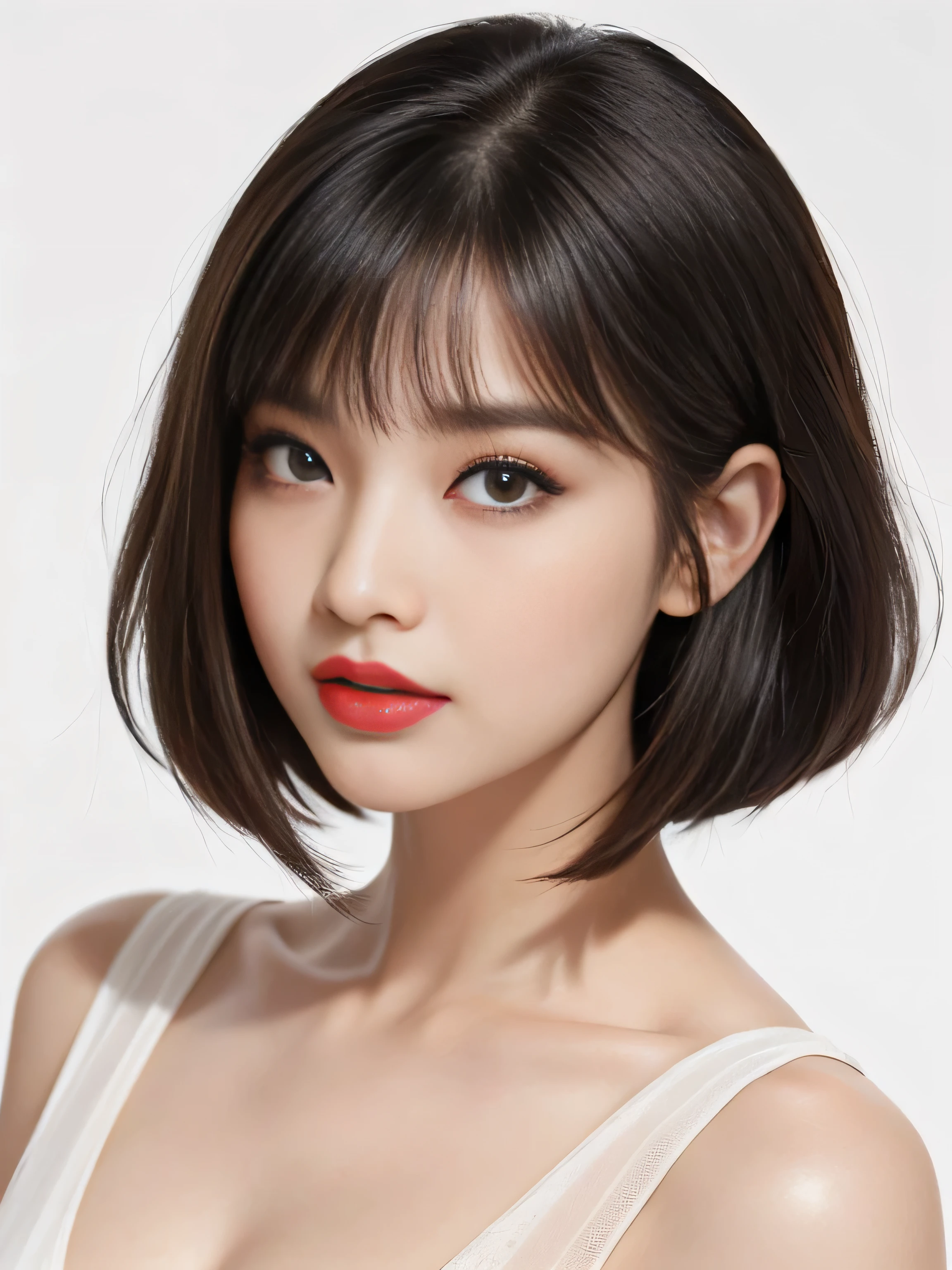 1 female (Close up of her face:1.7!!!) (She turns to the viewer、She has a very sexy look!!!!!) (((Her hair color is the perfect light brown...:1.8!!))) ((Her hair is loose and wavy!!!)) (Her bangs are neatly trimmed そして straight down.:1.4) ((Highest quality)) ((masterpiece)) (family friendly) (Get used to it) (White wall background!!!!!) (The most beautiful そして sensual 24-year-old cosmetics model in Japan) (((Her hair is cut in a loose bob that reaches just above her shoulders..!!!.))) (Highest quality&Highly detailed black hair her hair is beautiful, There is a volume and、、、Very shiny.、Very beautiful silky hair Beautiful silky hair Shiny Hair Her hair is very straight) (She received a sensual make-up treatment by a professional make-up artist.... Exquisite texture:1.4 Bright red lipstick!!! Beautiful black eyeliner) Perfect Woman'face (Her face is dignified そして sexy) ((Her eyebrows are very thin:1.8)) Perfect Woman'face (Her face shape is thinner than average:1.8) (Her eyes are larger than average:1.8 Her nose is higher than average:1.8) (she has a typical Japanese build そして skin color..., Her skin is very high quality and ultra high definition.、very beautiful そして glowing skin) (Her face is dignified and sexy) ((Rich 1.4)) (Extremely detailed 8K) (Ultra-fine skin texture 1.4) (current, Vibrant:1.4), Sharp focus:1.2、Beautiful woman:1.4 Dynamic Lighting (Genuine RAW photos taken by professional photographers) (Surreal photos by professional photographers :1.2)