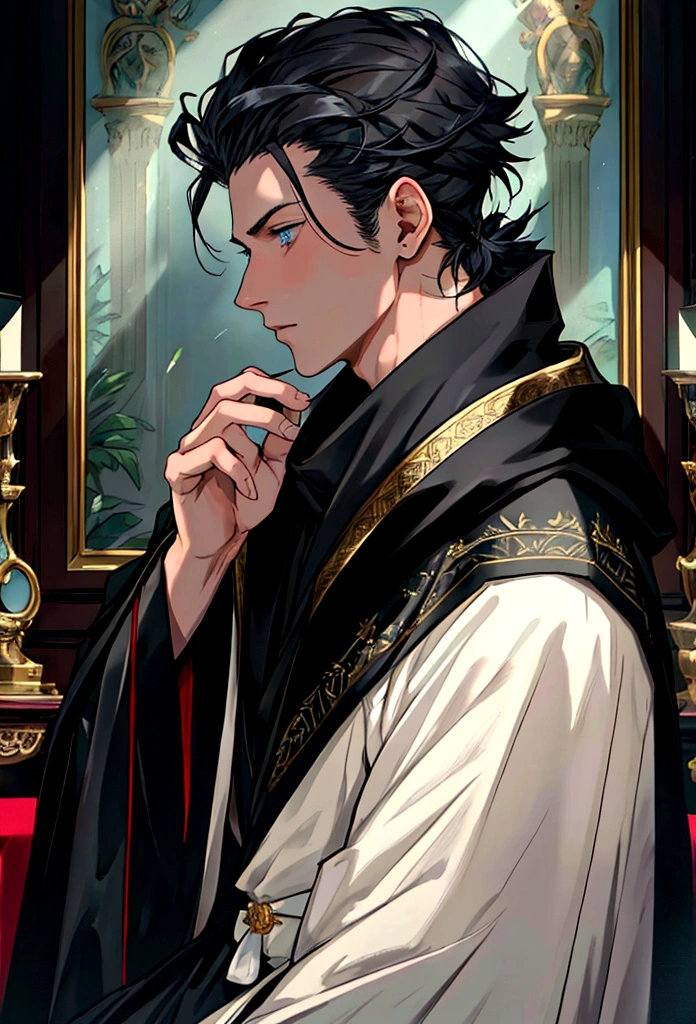 (((Masterpiece))), (((best quality))) , Sharp picture, Close-up of a person wearing a cloak, Wear black robes,old phonograph, gramophone , Listen to music , Elegant black clothes, Dark black clothes with black embroidery, Outfit with silver accents, Elegant dark royal robes, The luxurious clothes of the Imperial Family, Luxury coat, Royal Cape, fur coat, black hair, blue eyes, nonsense，High resolution，Very detailed），1 person，AS-Adult，handsome，The boy was tall and muscular.，Broad shoulders，Face profile of a 25 year old man, Fine, detailed eyes and a detailed face.，Quiff hairstyle, black short hair，Sit and rest.，Listen to music，rest day ，The background is the house.